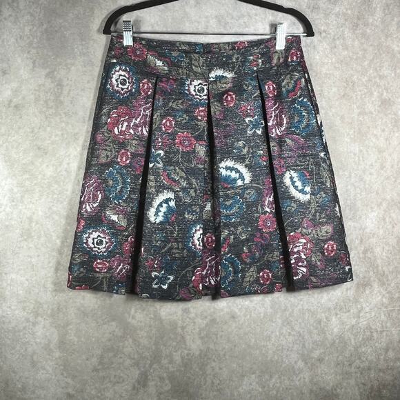 LOFT Mini Skirt Womens 6 Gray Metallic Floral Print Pleated‎ Lined Party Art - Picture 1 of 7